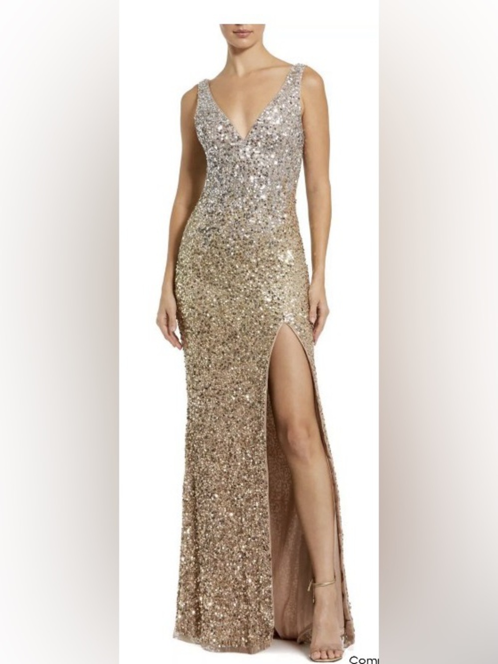 Mac Duggal Sequin V-Back Evening Gown in Gold size 6